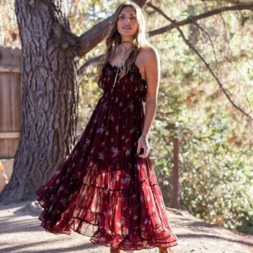 Free People Cloud Nine Floral Chiffon Maxi Dress in Berry Combo NEW Sz XL